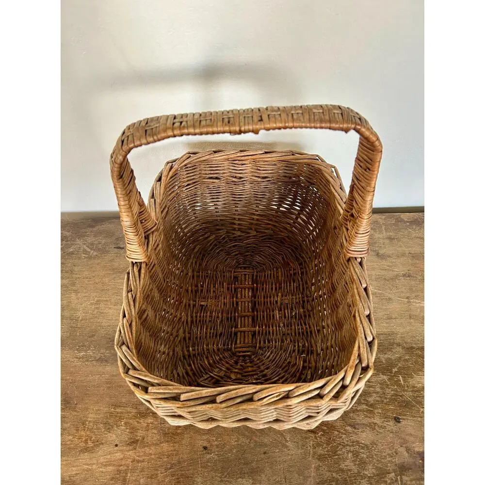Vintage Rustic Gathering Wicker Basket with Handle | Primitive Cottagecore